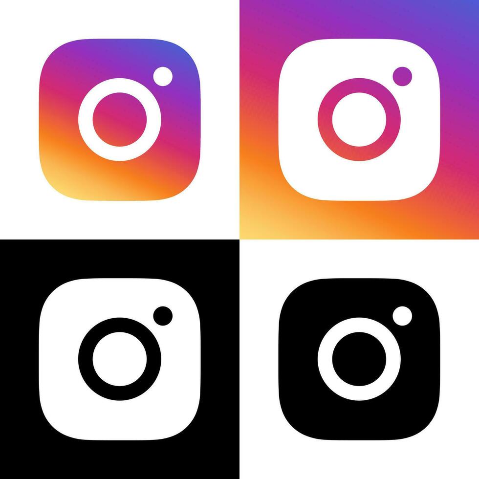 Instagram Logo - Vector - Set Collection - Black Silhouette Shape and Original Gradient - Isolated. Instagram Latest Icon for Web Page, Mobile App or Print.