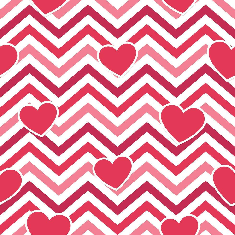 Pink Hearts on Geometric Zig Zag Seamless Background, Vector Pattern