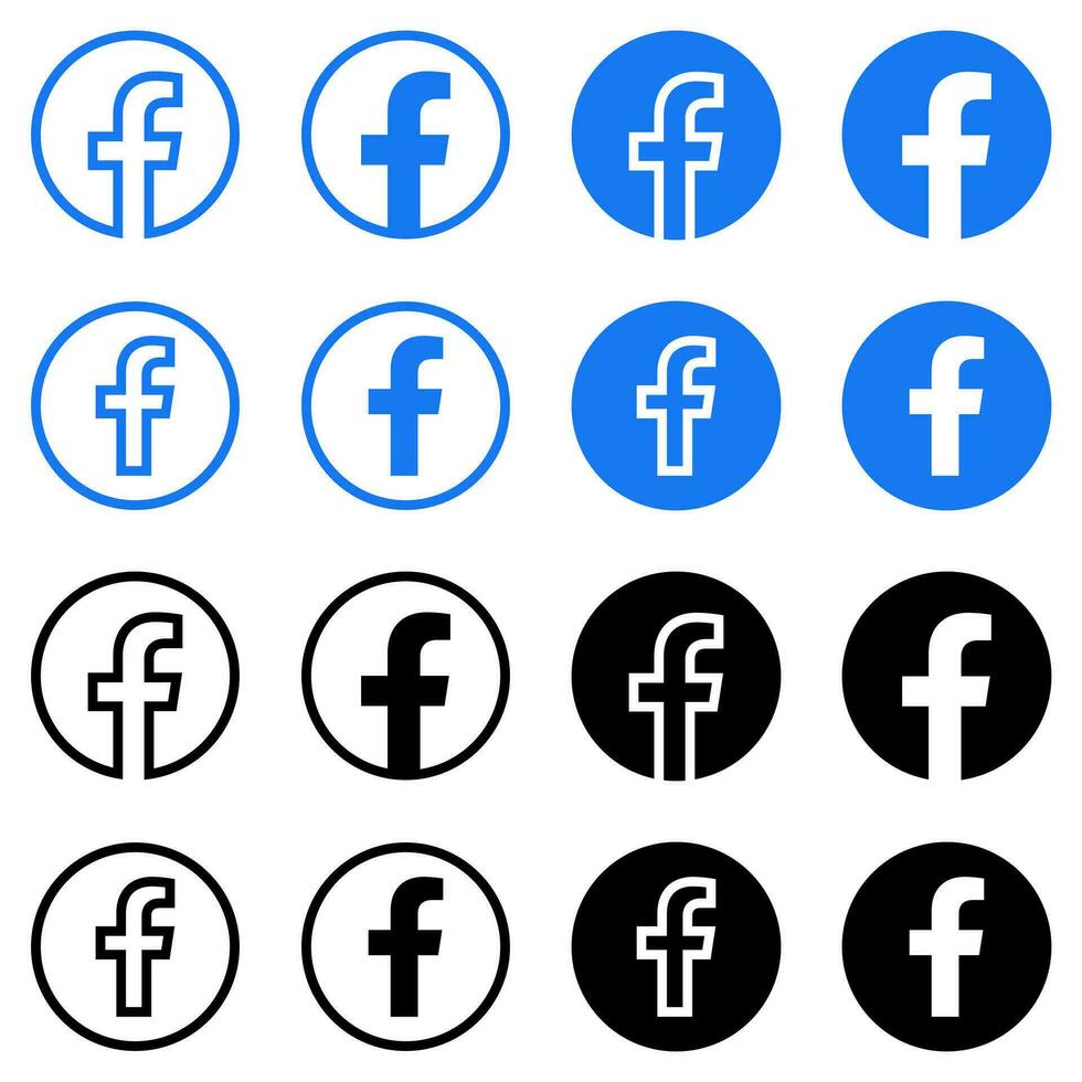 Facebook Logo - Vector Set Collection - Black Silhouette Shape - Original Latest Blue Color - Isolated. F Icon for Web Page, Mobile App or Print.