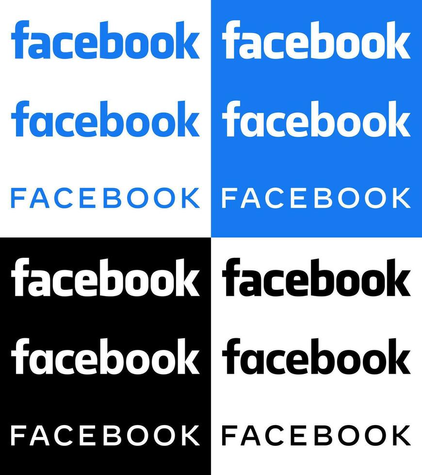 Facebook Text Logo - Vector Set Collection - Black Silhouette - Latest Blue Color Font - Isolated. Original Facebook Name Type for Web Page, Mobile App or Print Materials.