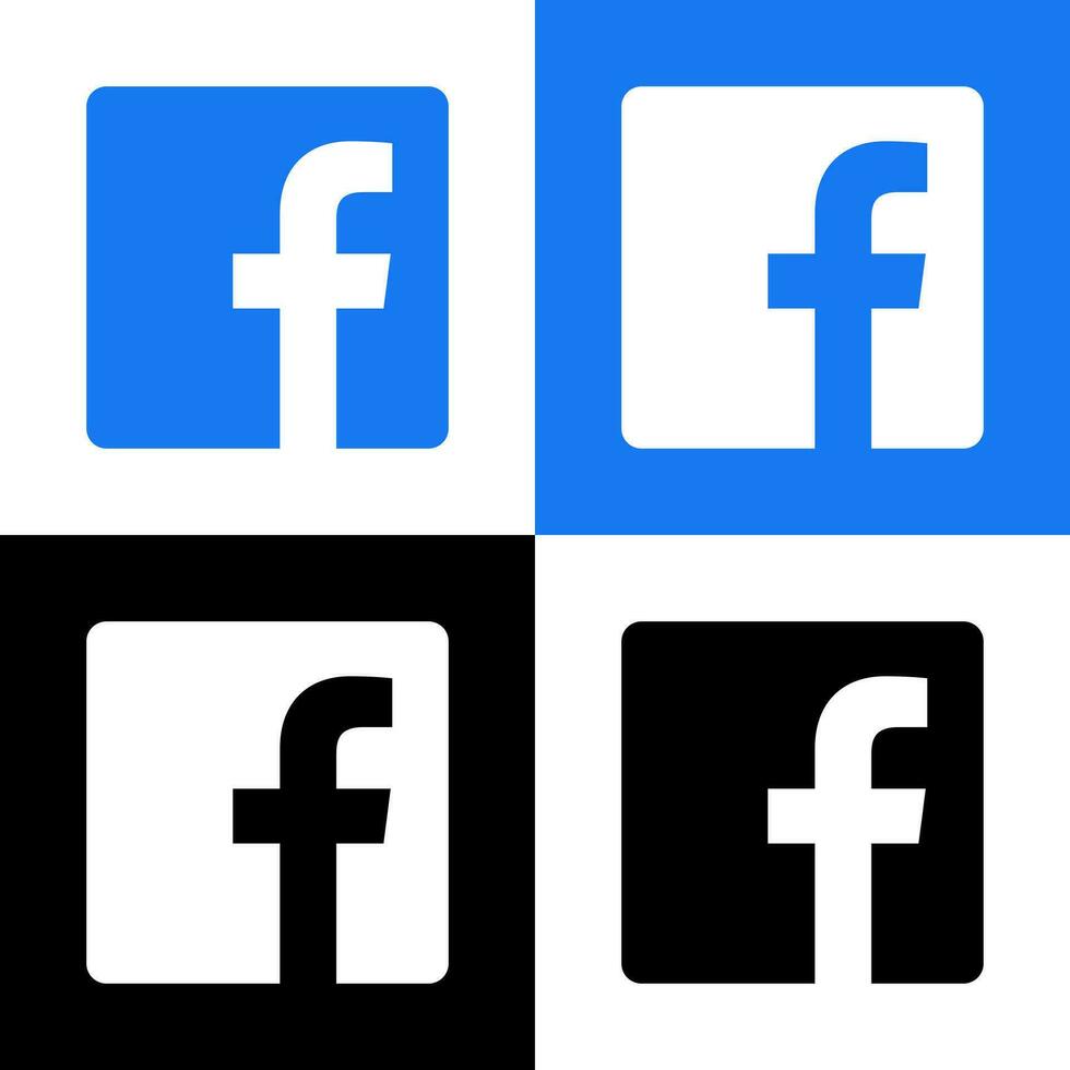 Facebook Logo - Vector Set Collection - Black Silhouette Shape - Original Latest Blue Color - Isolated. F Icon for Web Page, Mobile App or Print.