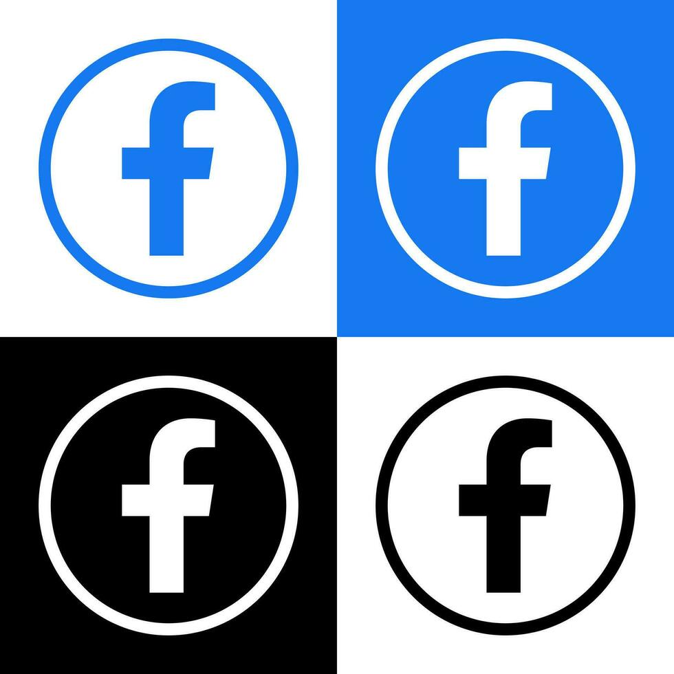 Facebook Logo - Vector Set Collection - Black Silhouette Shape - Original Latest Blue Color - Isolated. F Icon for Web Page, Mobile App or Print.