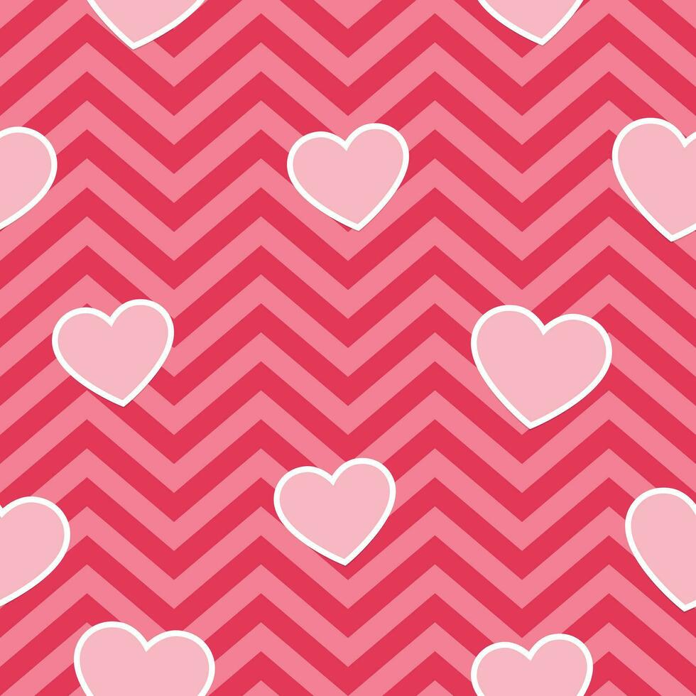 Pink Hearts on Geometric Zig Zag Seamless Background, Vector Pattern