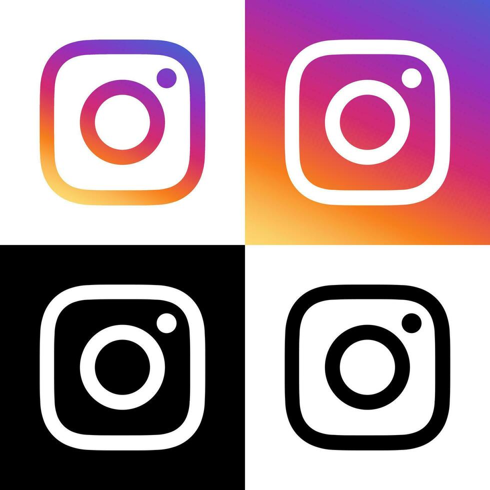 Instagram Logo - Vector - Set Collection - Black Silhouette Shape and Original Gradient - Isolated. Instagram Latest Icon for Web Page, Mobile App or Print.