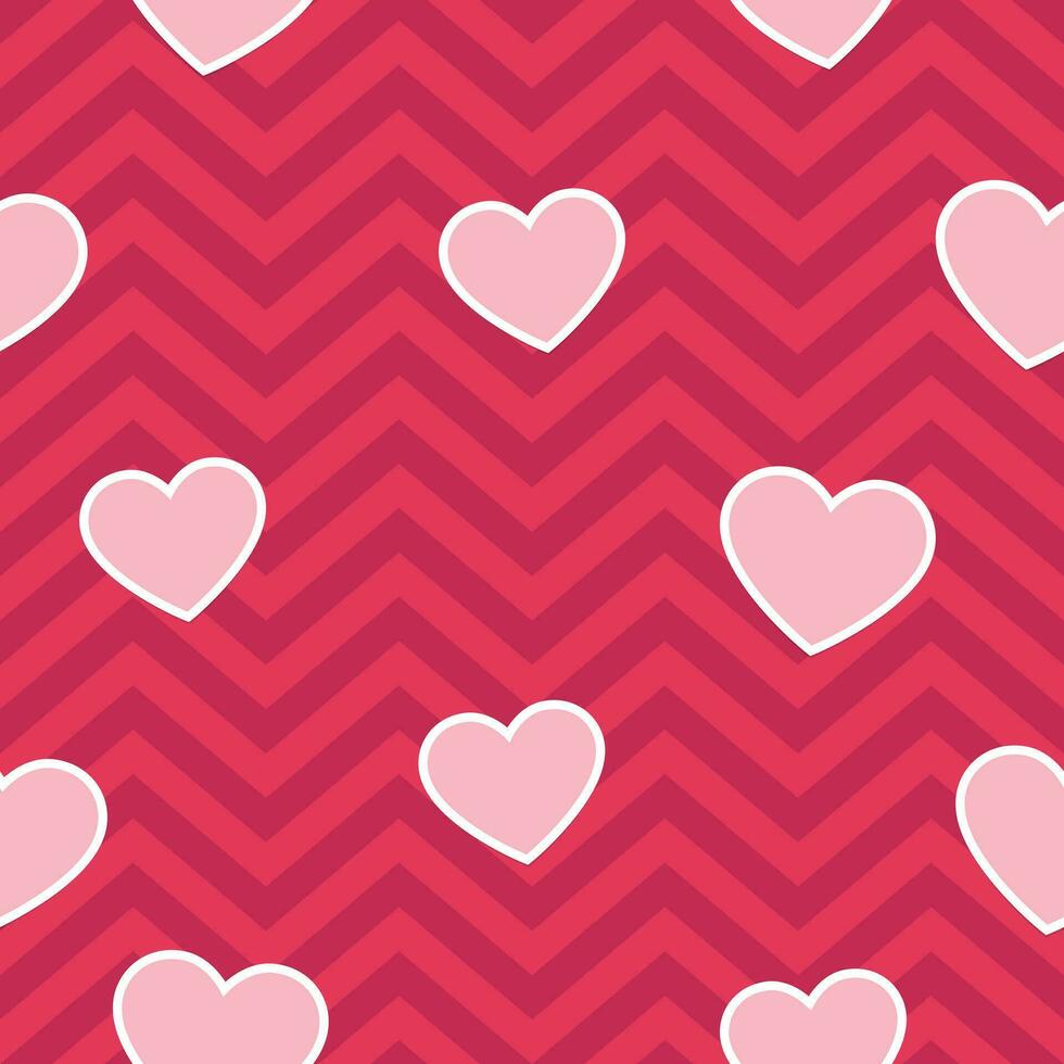 Pink Hearts on Geometric Zig Zag Seamless Background, Vector Pattern