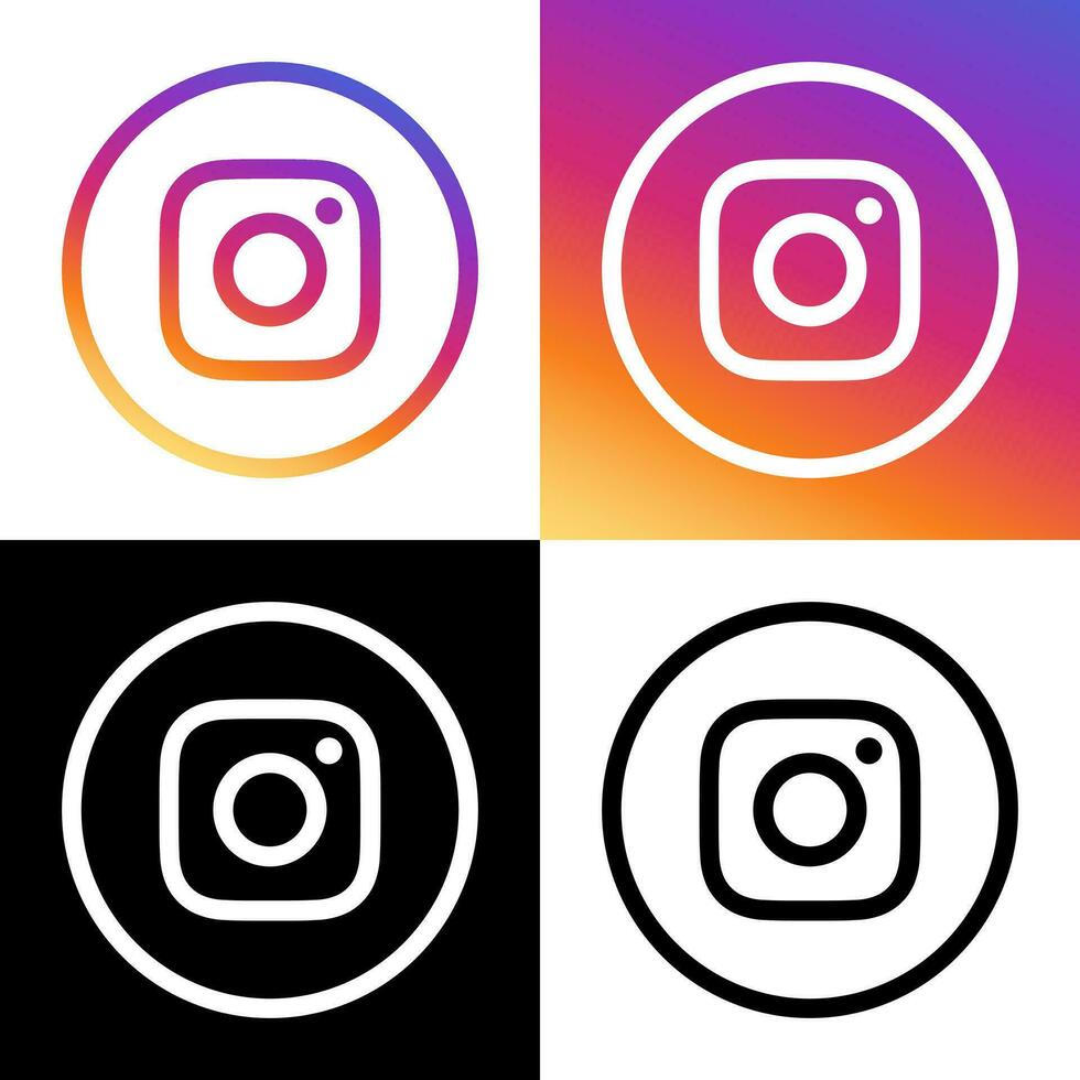 Instagram Logo - Vector - Set Collection - Black Silhouette Shape and Original Gradient - Isolated. Instagram Latest Icon for Web Page, Mobile App or Print.