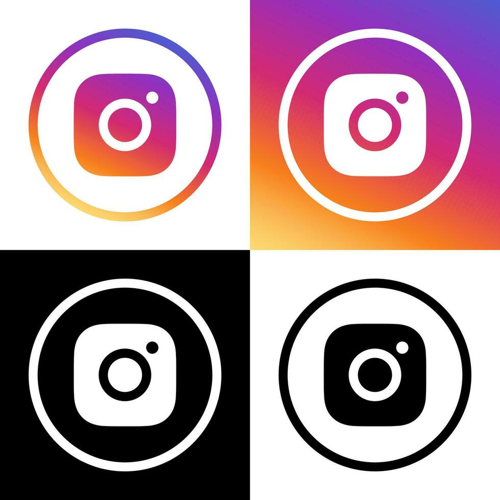 Instagram Logo - Vector - Set Collection - Black Silhouette Shape and Original Gradient - Isolated. Instagram Latest Icon for Web Page, Mobile App or Print.
