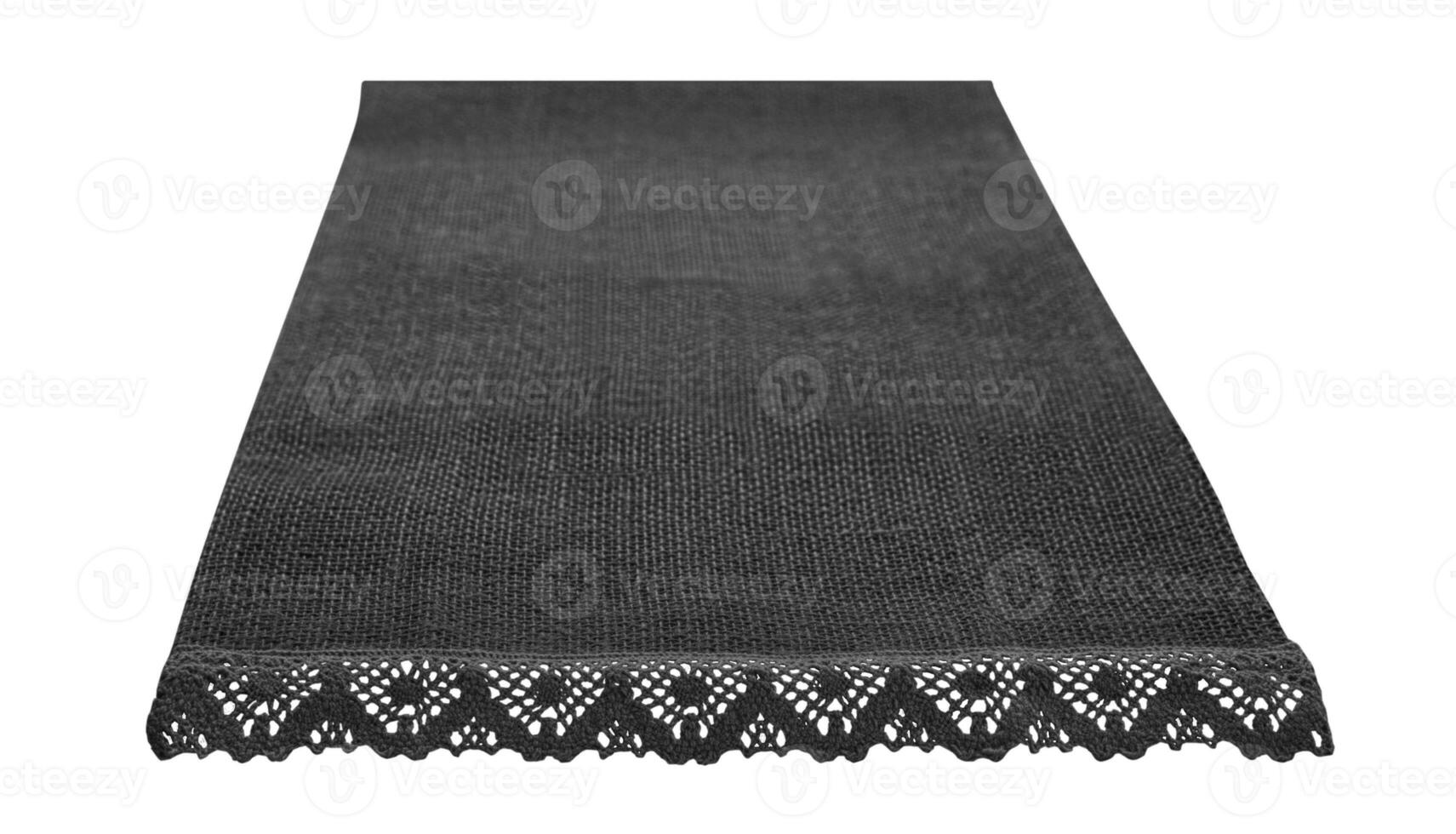 Black Canvas napkin with lace, natural burlap runner perspective isolated on white. Can used for display or montage product. Selective fokus photo