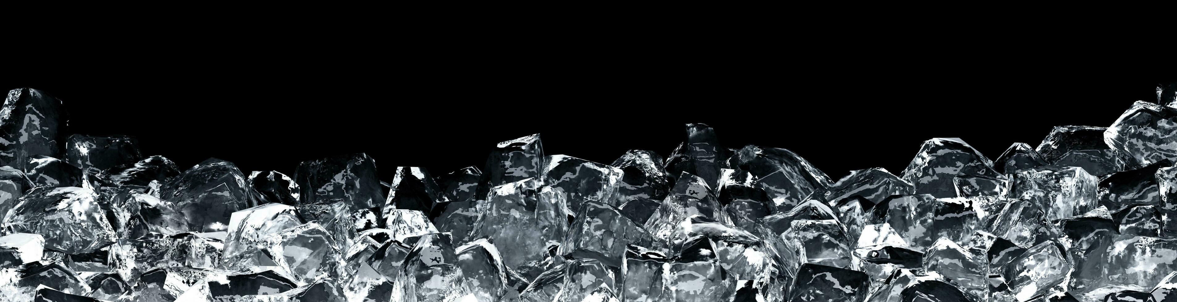 3D rendering illustration. Realistic pile cool heap ice Purity crystal blocks cubes Pieces of crushed on black background. frozen water refrigerated frost icy solid beverage cocktail cold chill drink. photo