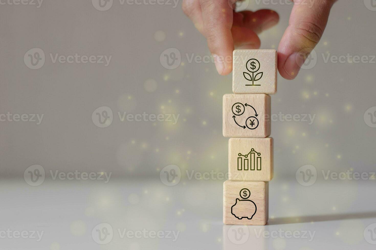 Hand stack woods block step on table with icon business target concept.Company strategy development. photo