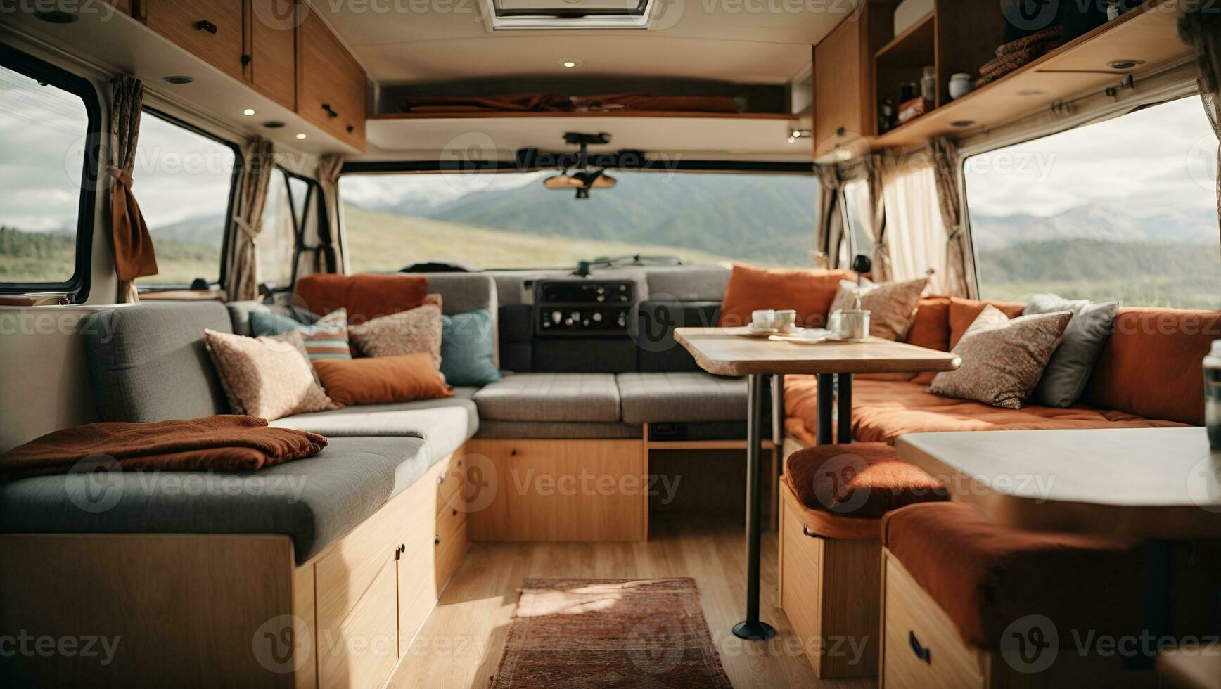 Interior of camper van with beautiful camper van view. Ai Generated photo