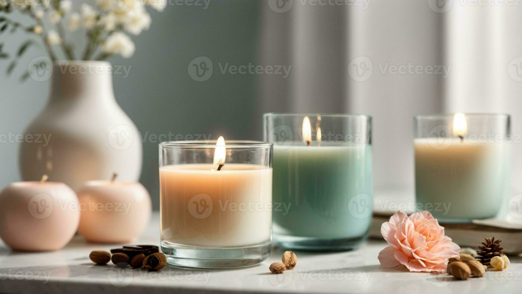 a scented candle on a white table. Ai Generated photo