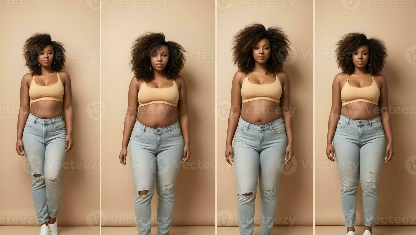 joven Delgado africano americano hembra en grande pantalones disfrutar peso pérdida . ai generado foto