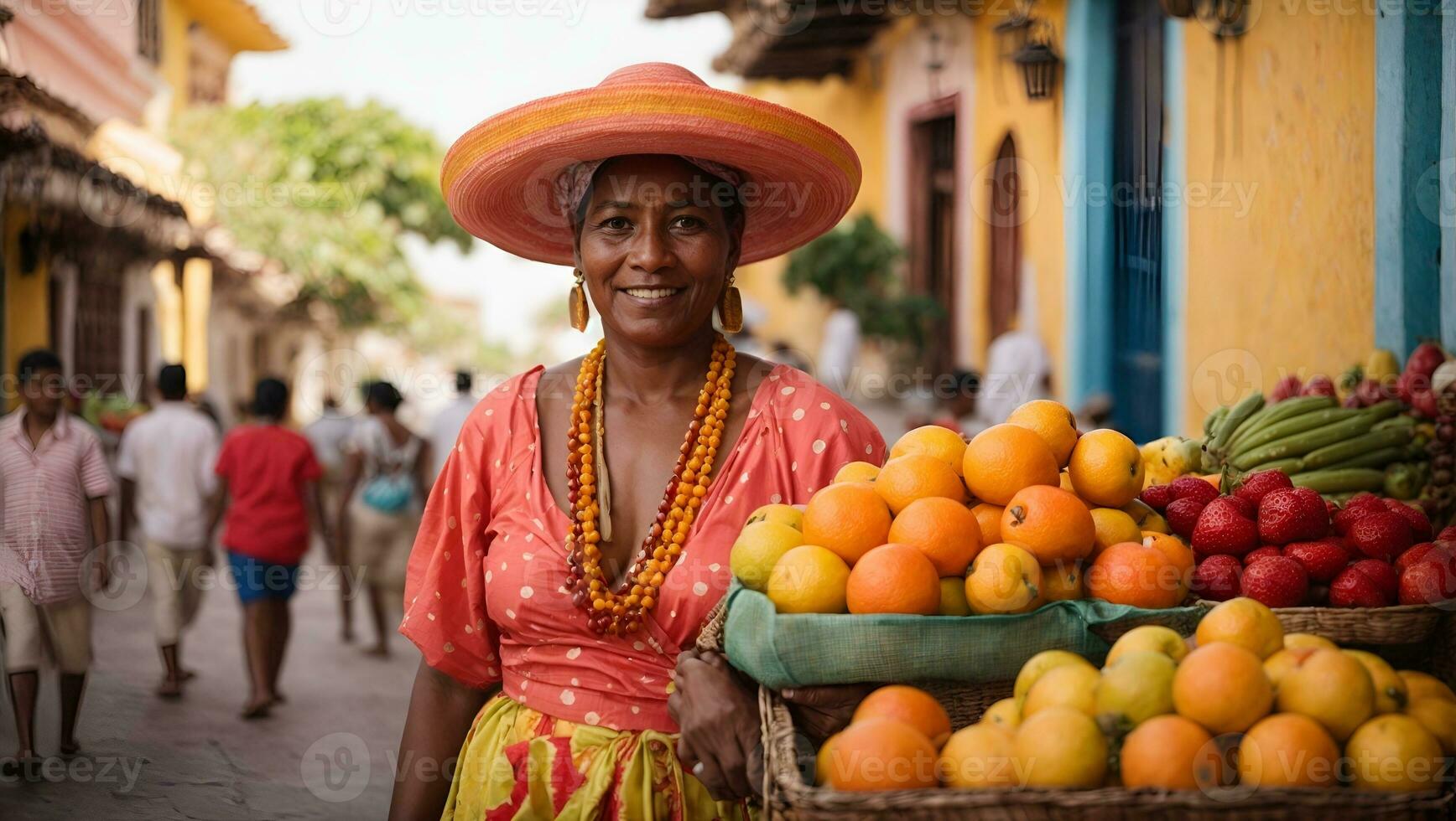 Traditional fresh fruit street vendor aka Palenquera in the Old Town of Cartagena in Cartagena de Indias, Caribbean Coast Region, Colombia. Ai Generated photo