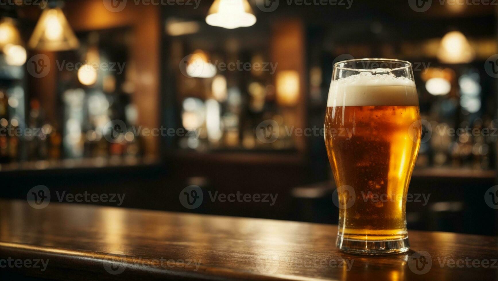 Cold beer pour in glass from crane in pub background. Ai Generated photo