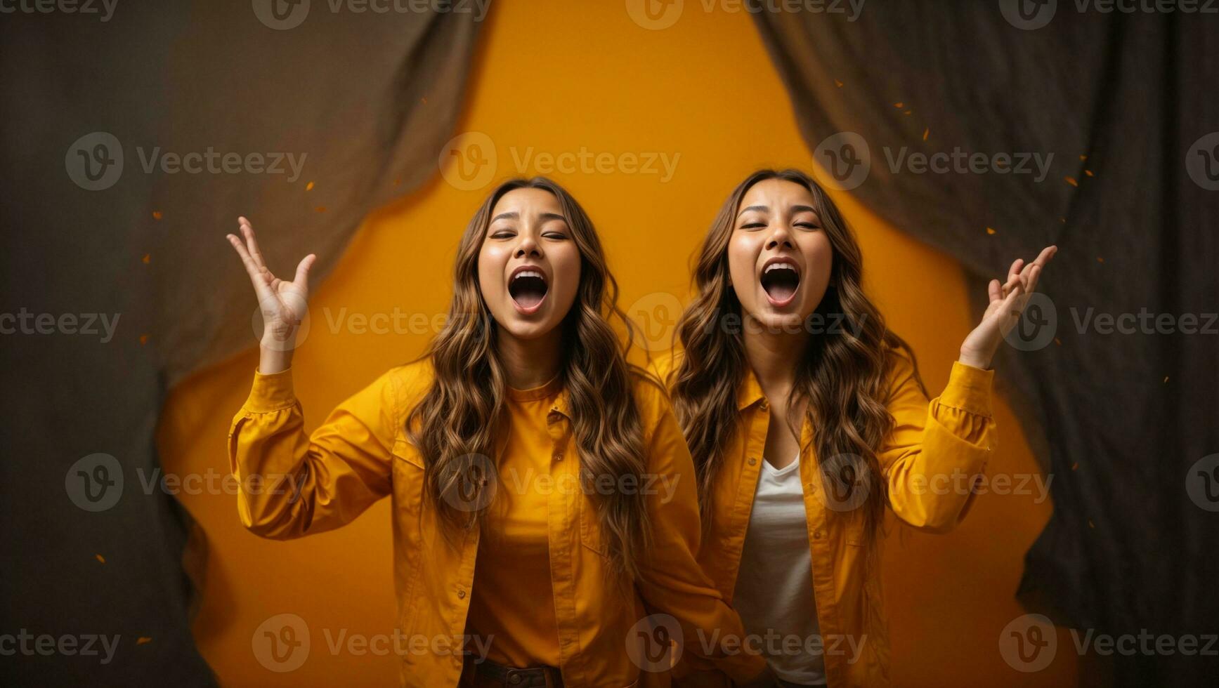 Screaming young woman with long hair doing surprise. Ai Generated photo