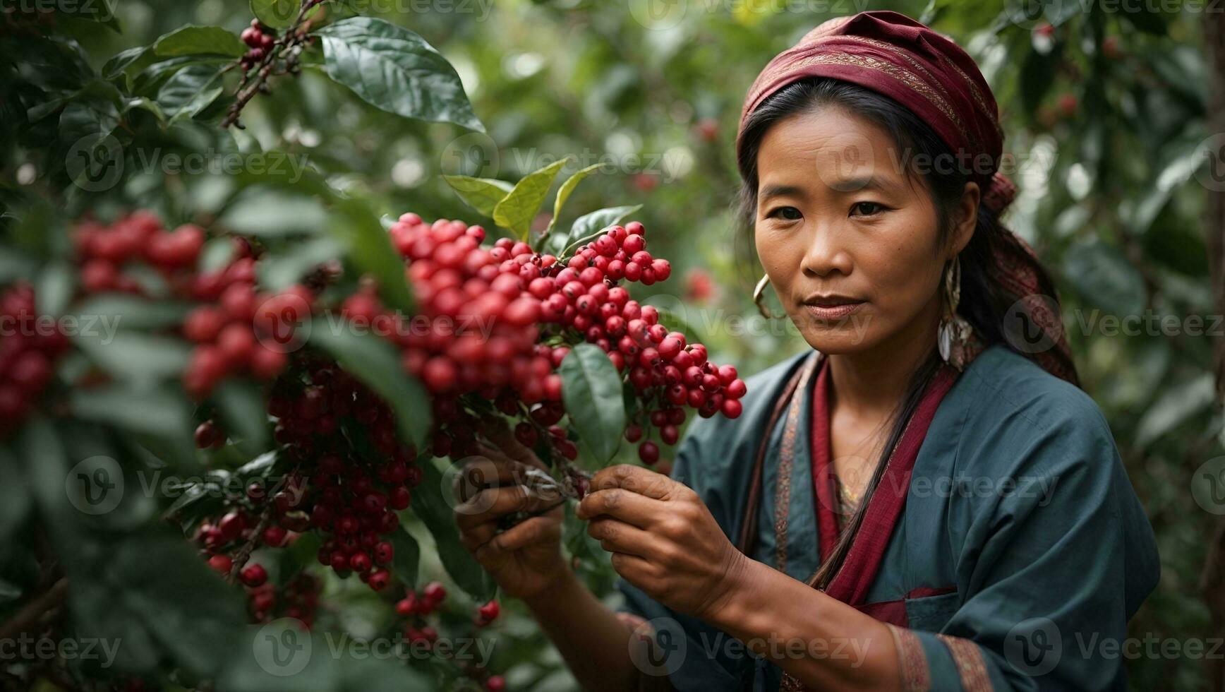 Akha mujer cosecha rojo café frijoles en ramo de flores en árbol. ai generado foto