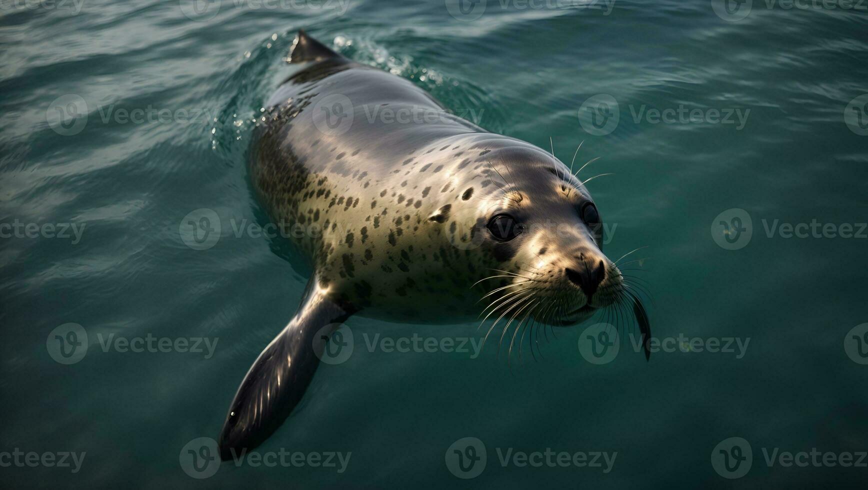 parte superior ver Disparo de un sello graciosamente nadando en el océano. ai generado foto