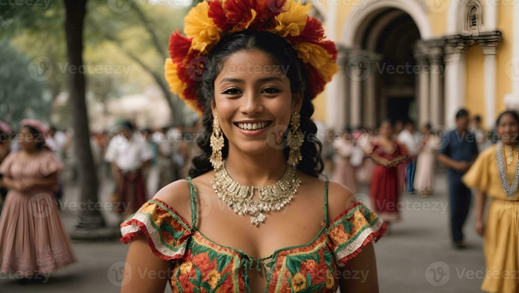 Nicaraguan folklore dancer smiling and looking at the camera outside the cathedral church in the central park of the city of Leon. The woman wears the typical dress of Central America. Ai Generated photo