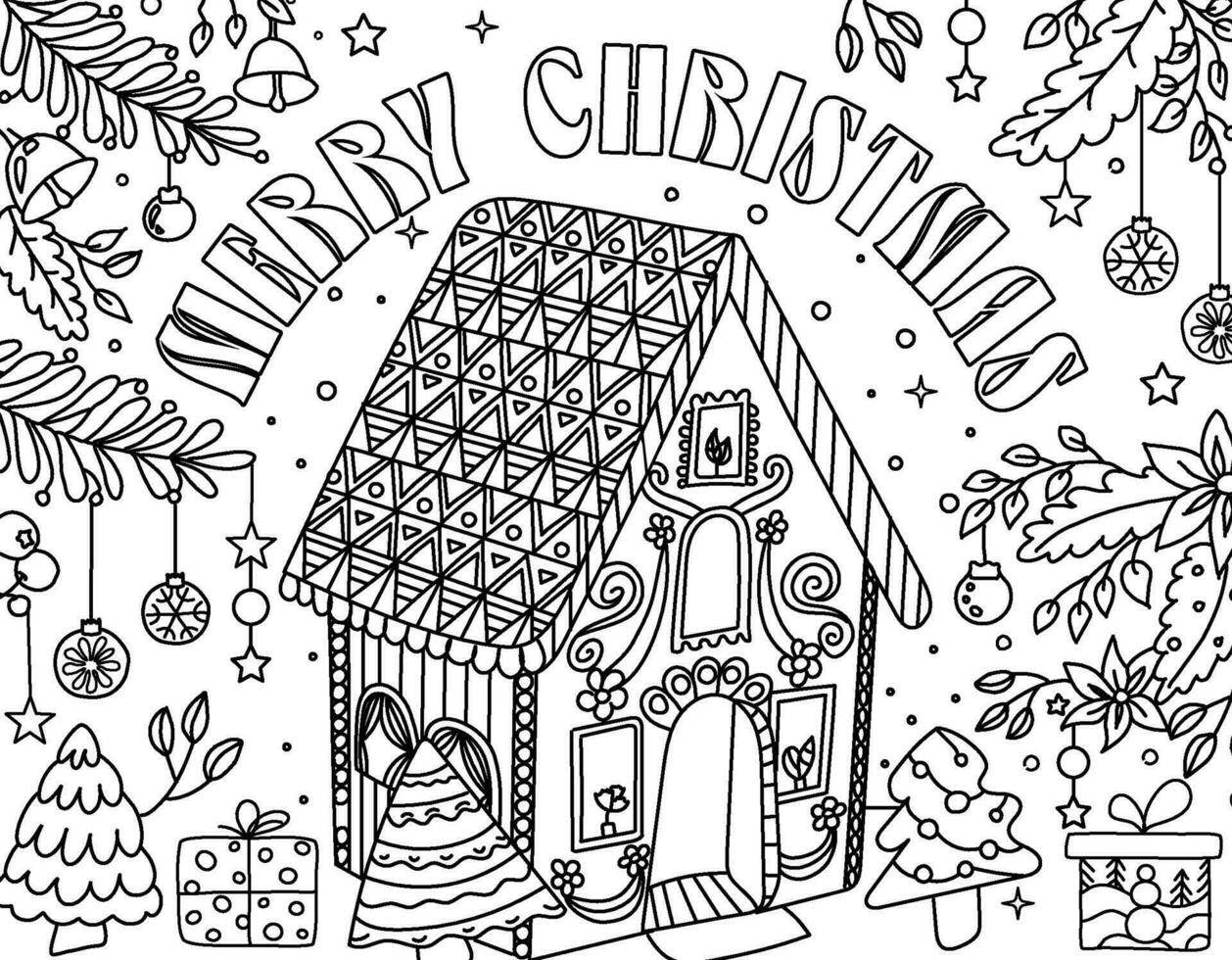 Hand drawing coloring page for kids and adults. Holiday greeting card Happy New Year 2024, Merry Christmas. Children Colouring book pictures. Christmas tree, house, snowflakes, eve decorations, carol vector