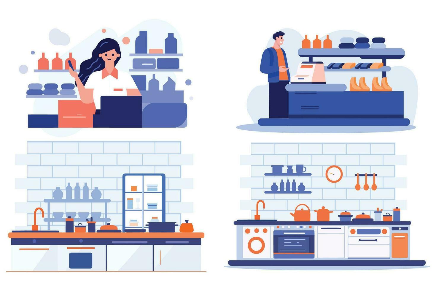 Hand Drawn Kitchen and shop in flat style vector