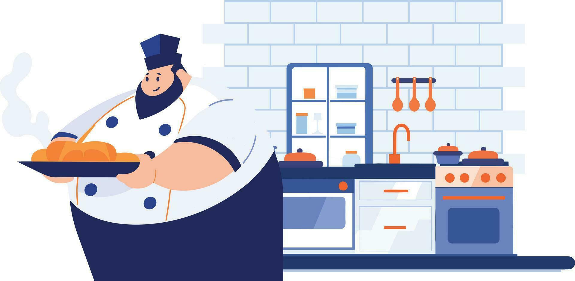 Hand Drawn Chef is cooking in the kitchen in flat style vector