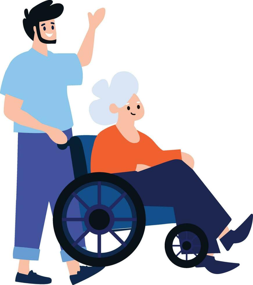 Hand Drawn Elderly person sitting in a wheelchair and child in flat style vector