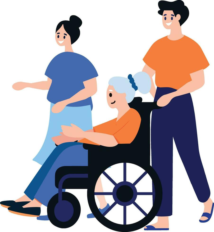 Hand Drawn Elderly person sitting in a wheelchair and child in flat style vector