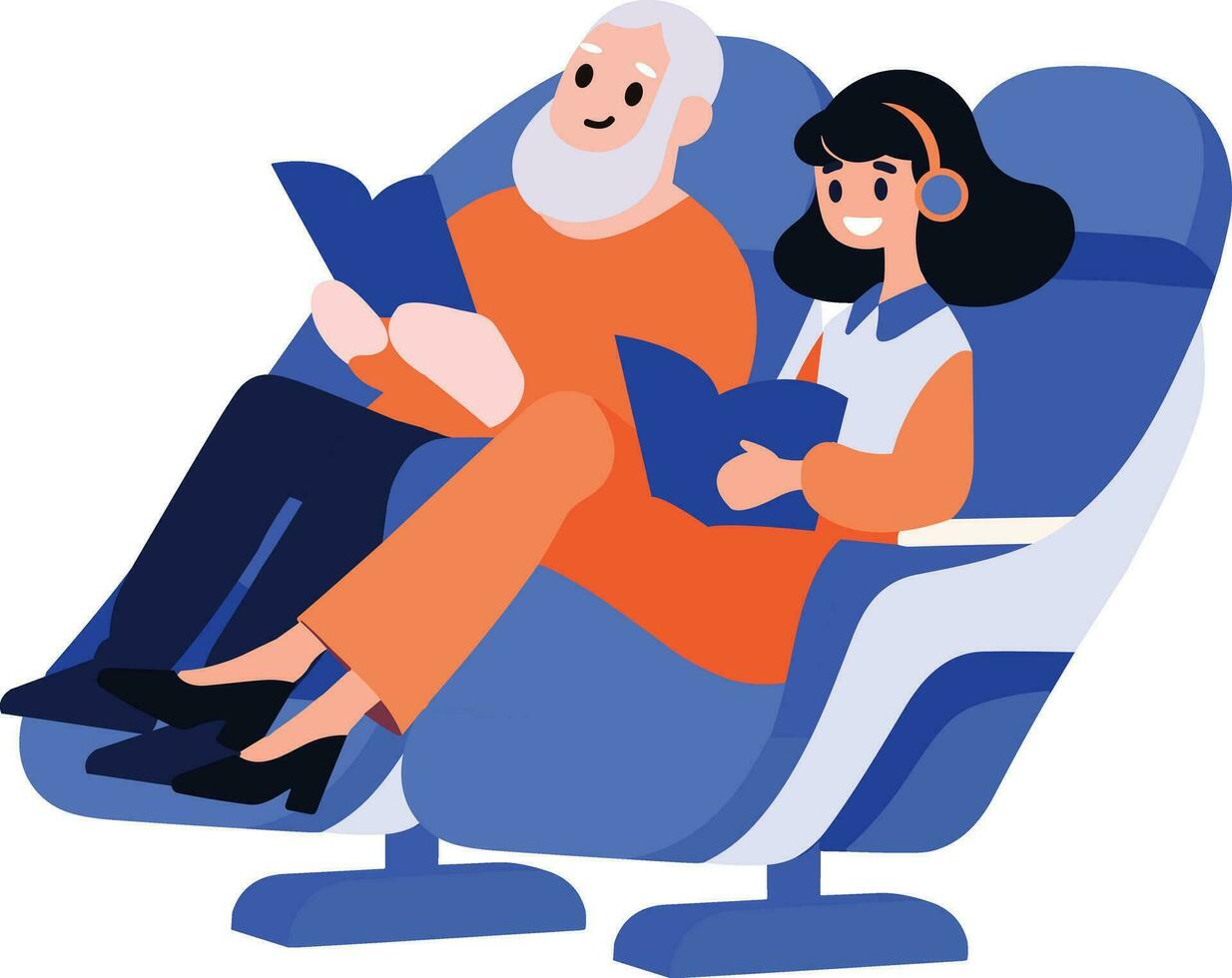 Hand Drawn Elderly couple sitting on a plane to travel in flat style vector