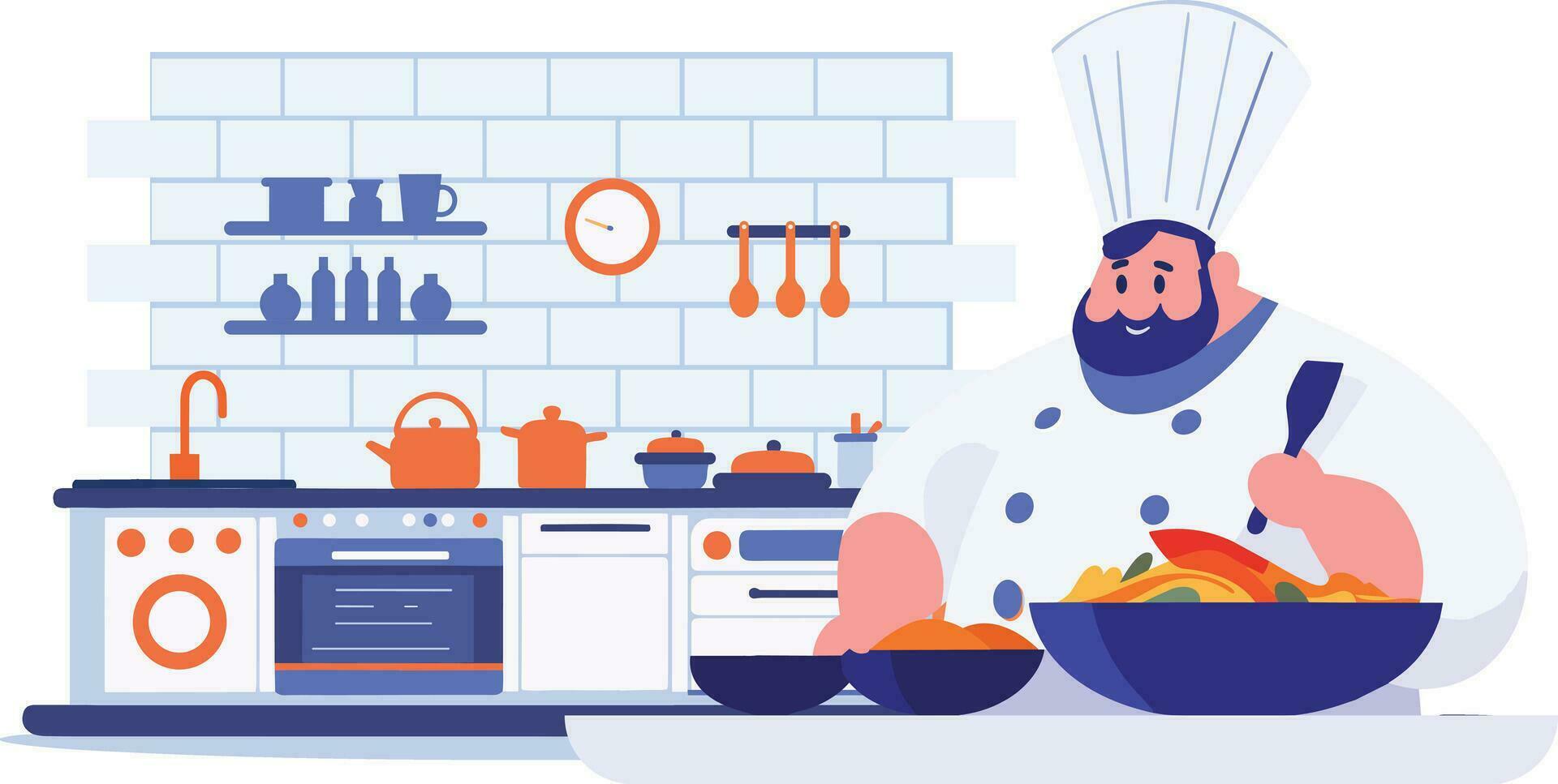 Hand Drawn Chef is cooking in the kitchen in flat style vector