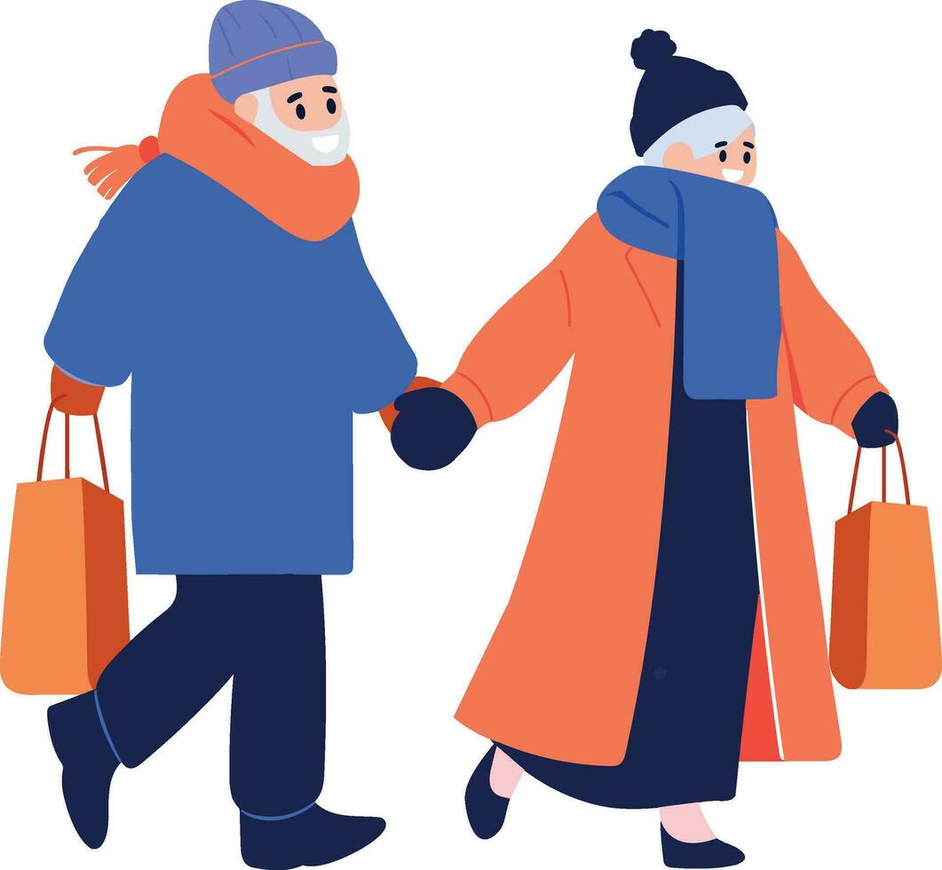 Hand Drawn couple wearing winter clothing walks on a path filled with snow in flat style vector