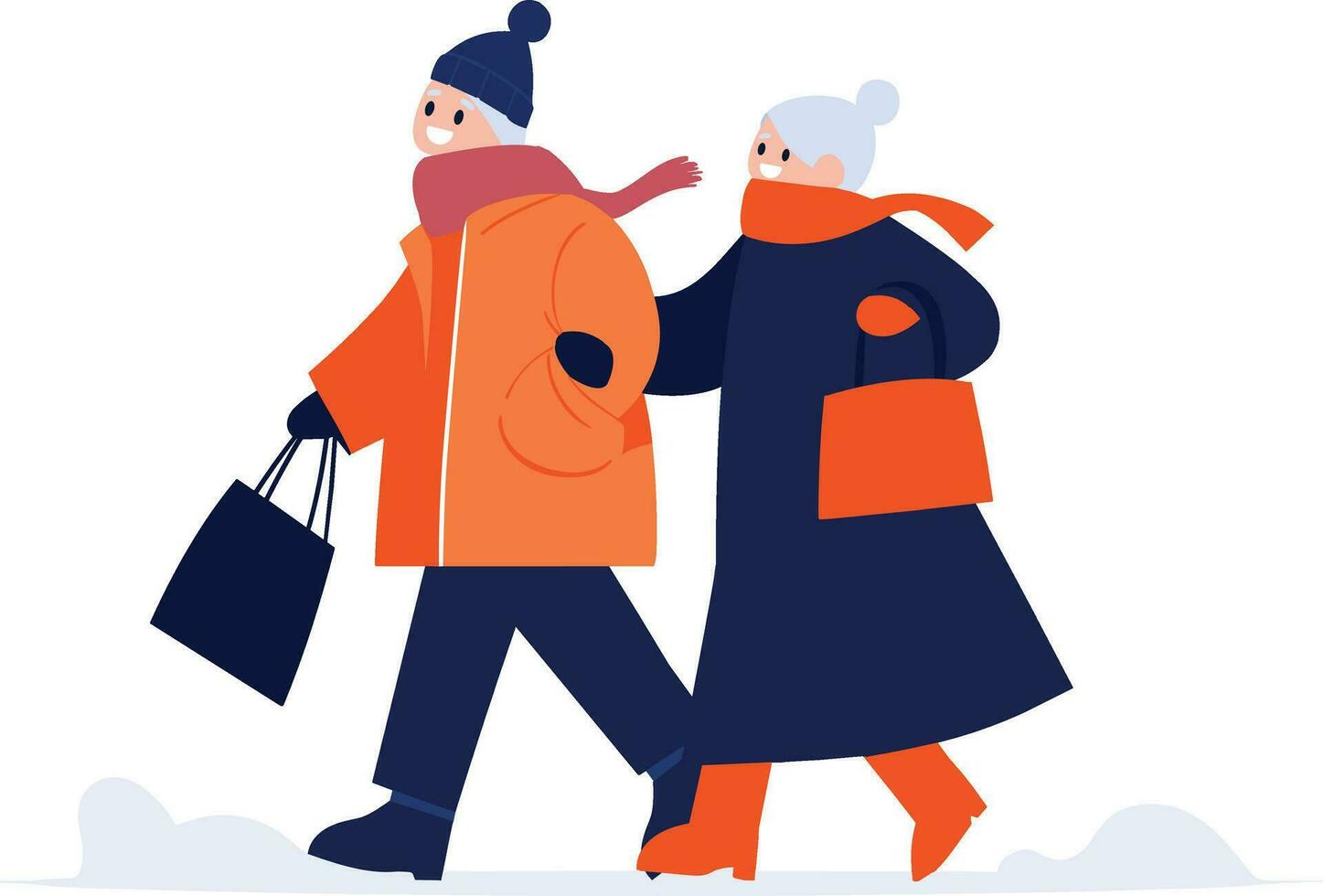 Hand Drawn couple wearing winter clothing walks on a path filled with snow in flat style vector