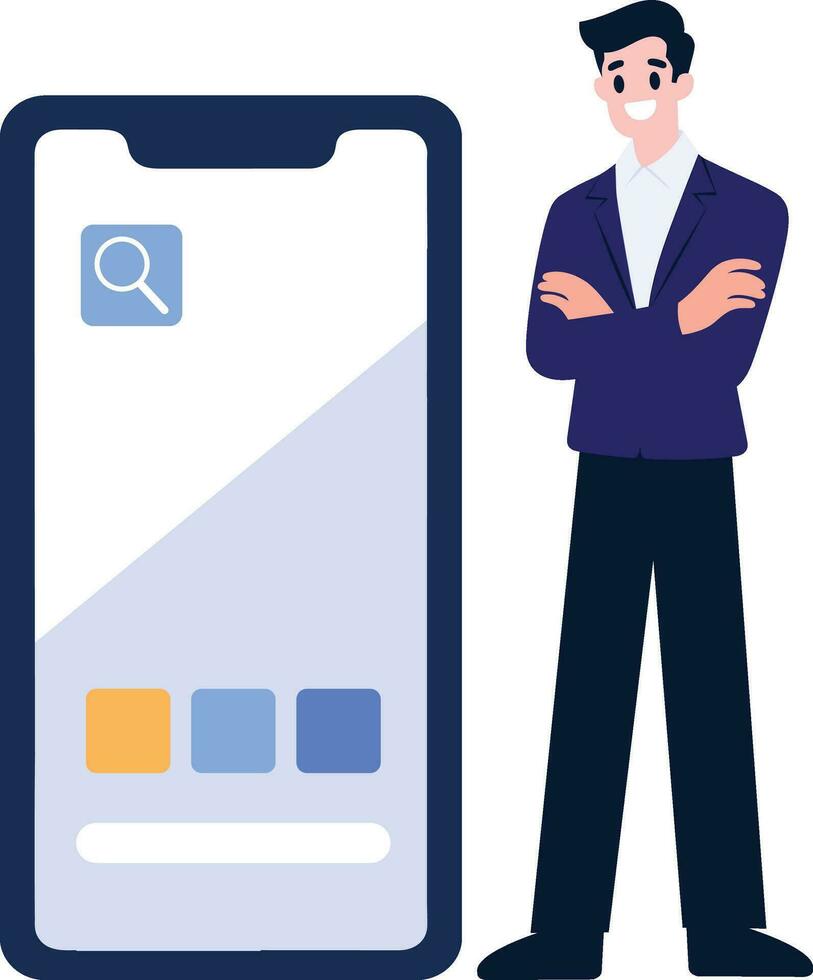 Hand Drawn Businessman with smartphone in online business concept in flat style vector