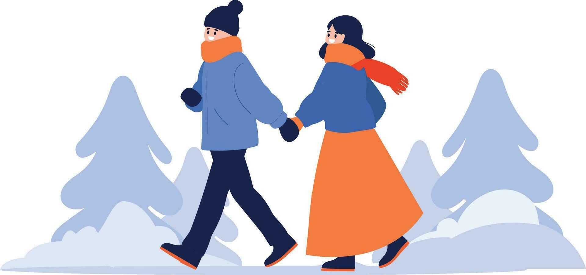 Hand Drawn couple wearing winter clothing walks on a path filled with snow in flat style vector