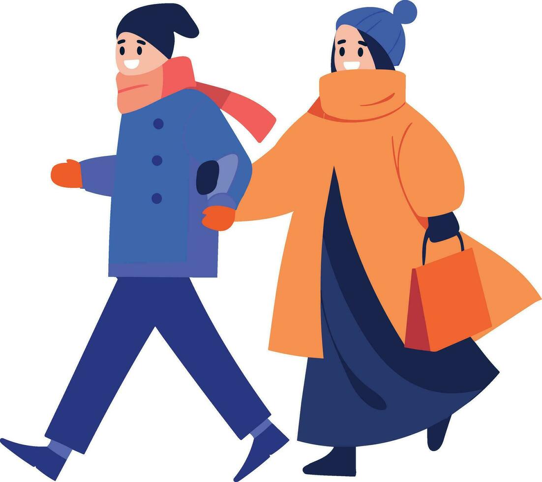 Hand Drawn couple wearing winter clothing walks on a path filled with snow in flat style vector