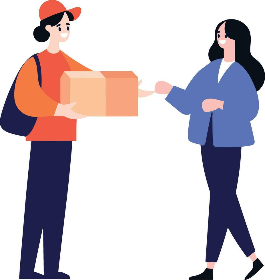 Hand Drawn a delivery man is delivering a package to a customer in flat style vector