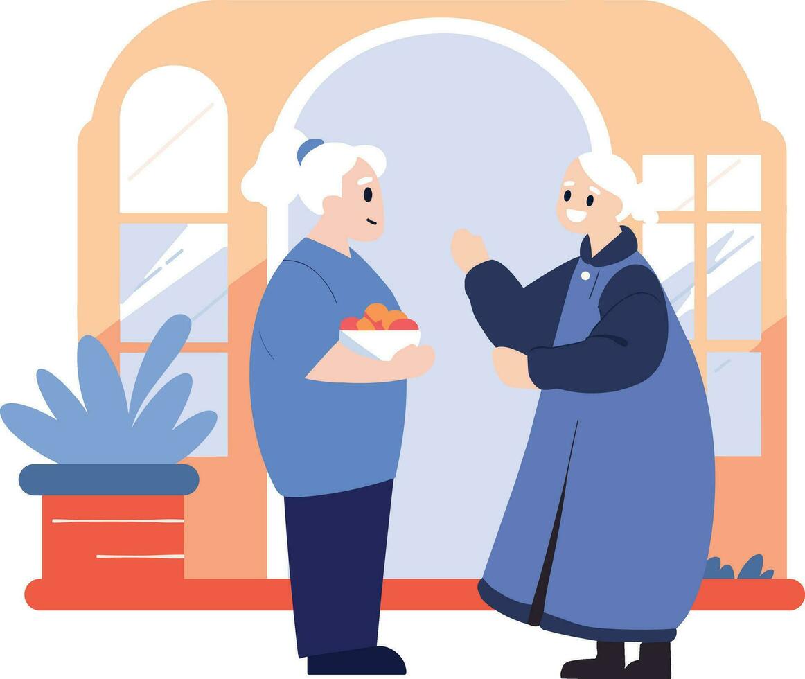 Hand Drawn Elderly people talking in front of the house in flat style vector