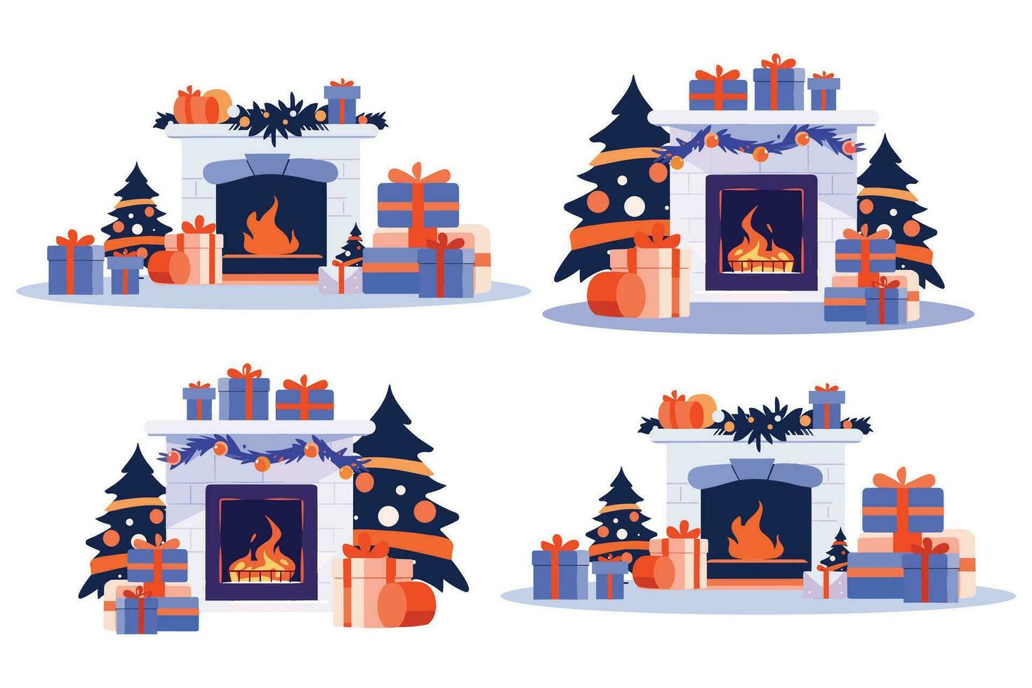 Hand Drawn Fireplace decorated for Christmas in flat style vector