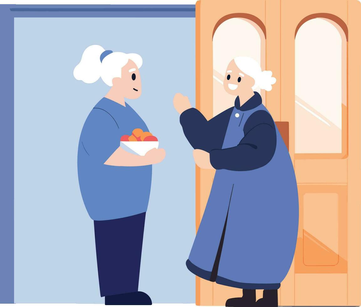 Hand Drawn Elderly people talking in front of the house in flat style vector