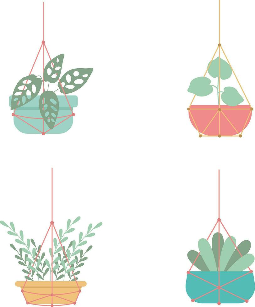 Hanging Potted Plant For Home Decoration. Isolated Vector Set.