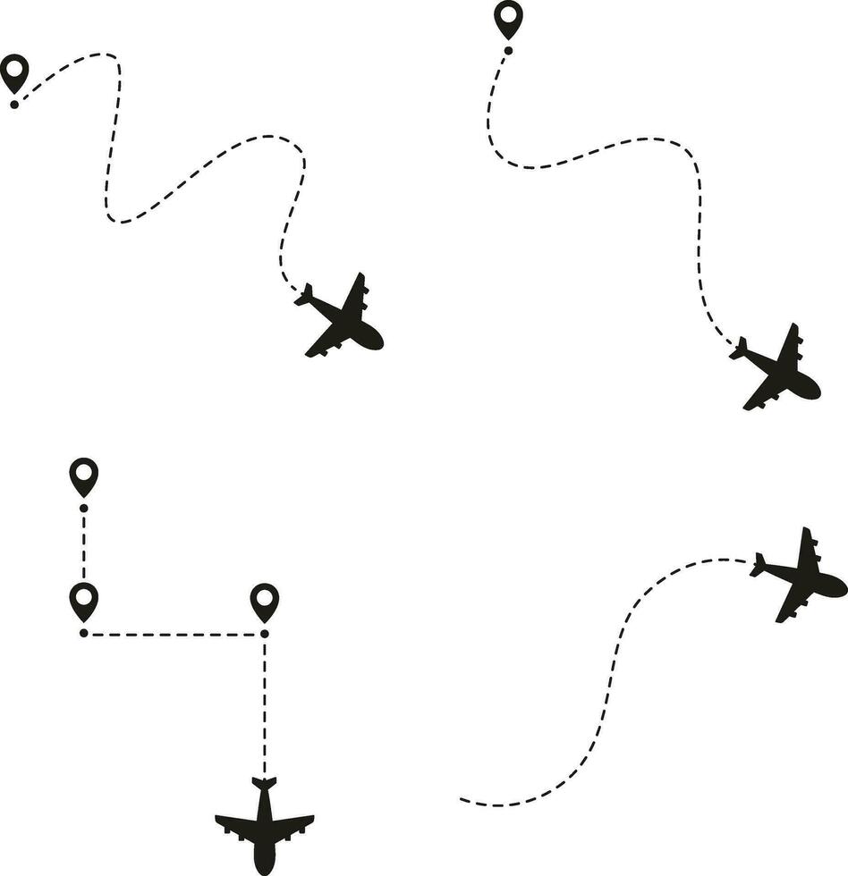 Airplane Dotted Route In White Background. With Flight Location Pin. Vector Illustration Set.