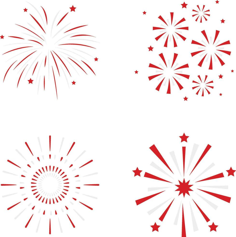 Indonesian Independence Day Fireworks In Flat Design. Vector Illustration Set.