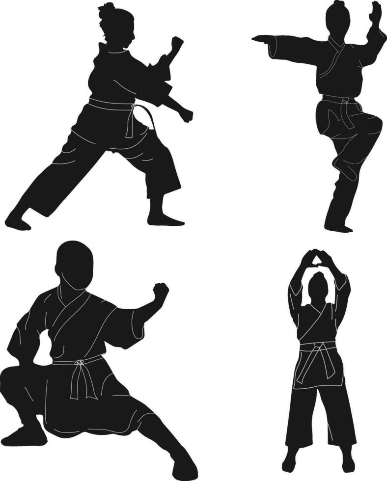 Karate Fighter Silhouette In White Background. Vector Illustration Set.