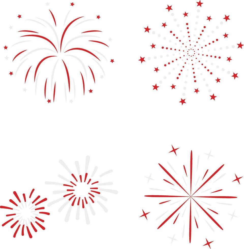 Indonesian Independence Day Fireworks In Flat Design. Vector Illustration Set.