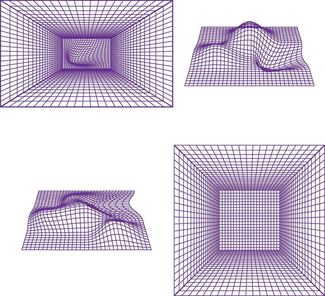 Wireframe Futuristic Shape With Wave Geometric Grid. Isolated Vector Set.