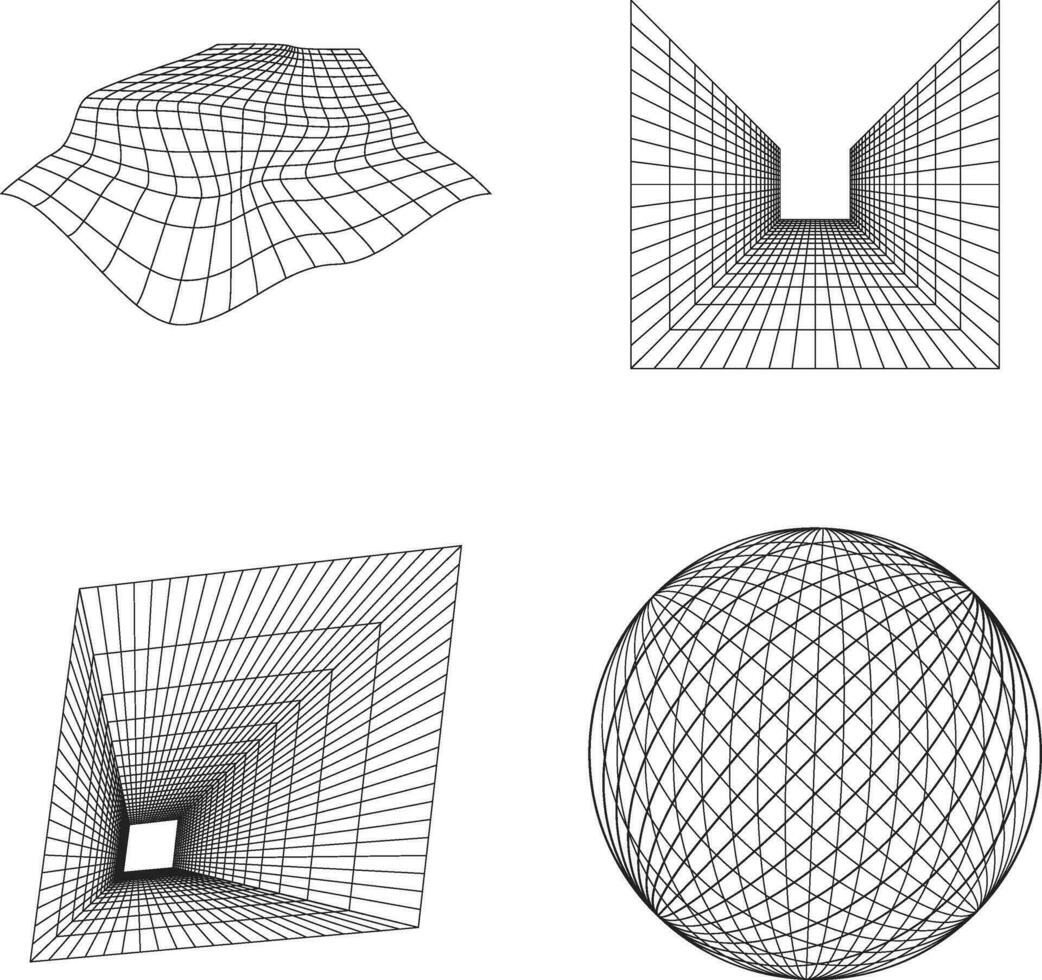 Futuristic Wireframe Shape With Wave Lines. Isolated Vector Set.
