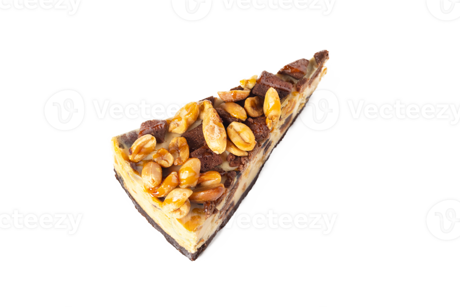 Slice of cheesecake caramel with peanuts and cookies top view on white or invisible background isolated png