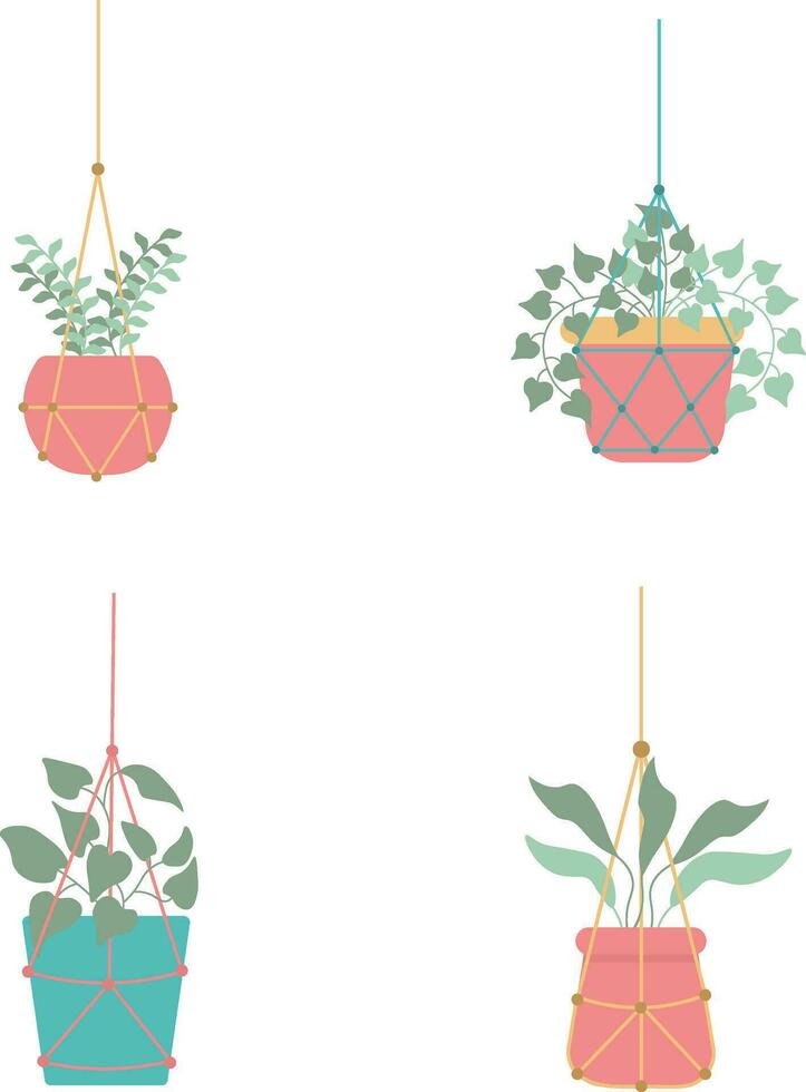 Hanging Potted Plant For Home Decoration. Isolated Vector Set.