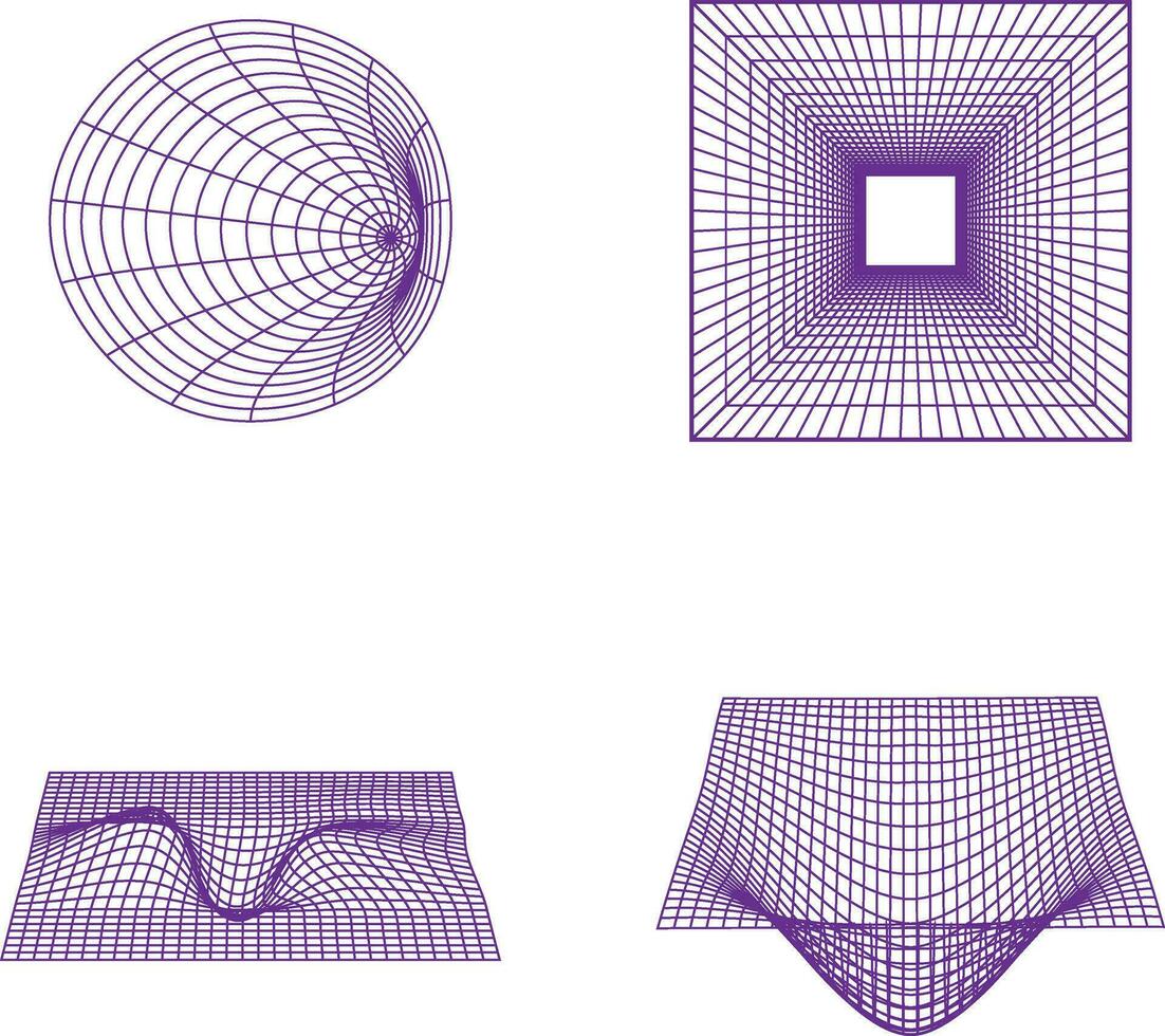 Wireframe Futuristic Shape With Wave Geometric Grid. Isolated Vector Set.