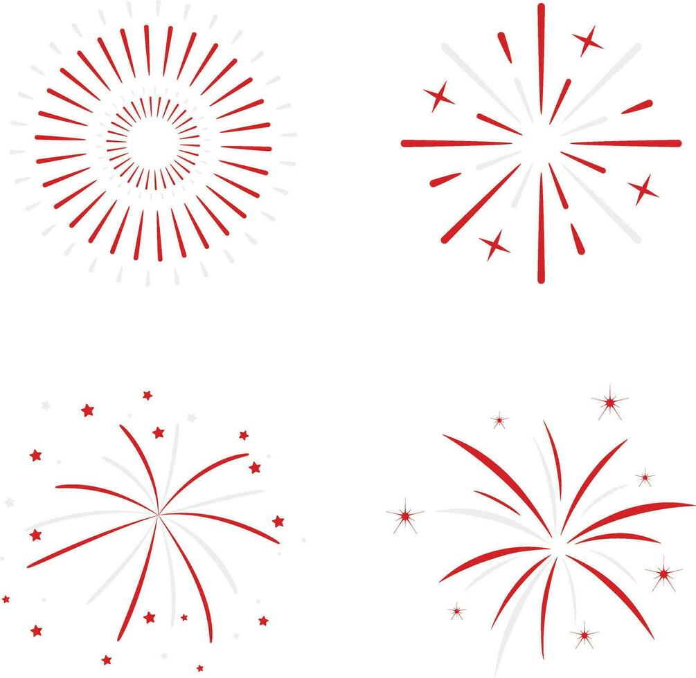 Indonesian Independence Day Fireworks In Flat Design. Vector Illustration Set.